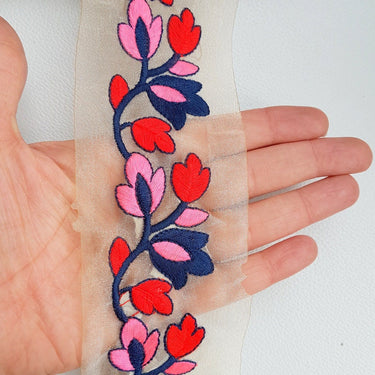 Gold Sheer Trim With Red, Blue And Pink Floral Embroidery, Approx. 65mm Wide